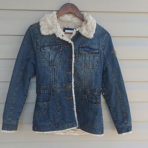 NWT Arizona Jean Company Blue Denim Jacket with Cream Sherpa Lining